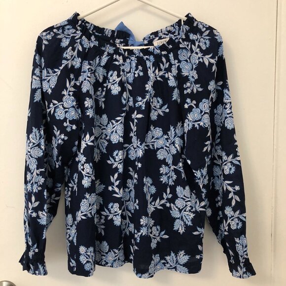 J. CREW Blue Floral Ruffle Top Long Sleeve Blouse XS 36" Cotton100 - Picture 2 of 9